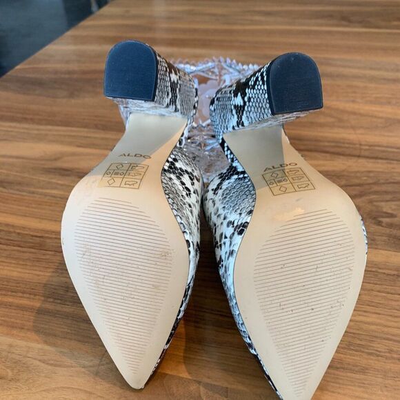 Aldo heeled mule, vegan python, new, sz 10, 4 1/2 in heel, high vamp, blk/wht - Picture 6 of 15